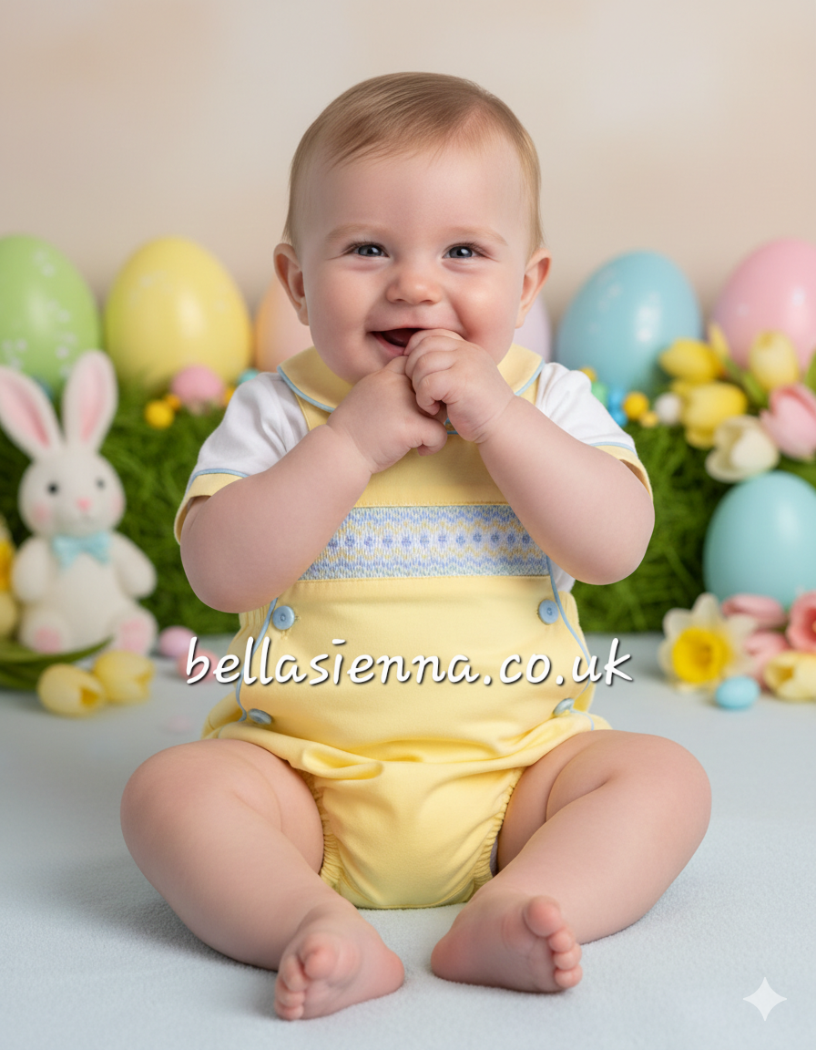 Pretty Originals *Hand Smocked Lemon, Blue & White Romper & Shirt Set - DL62166