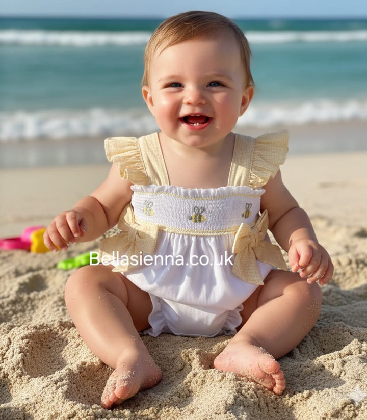 Deolinda Baby Girls White & Lemon "Bee" Romper With Bows - DBV26518
