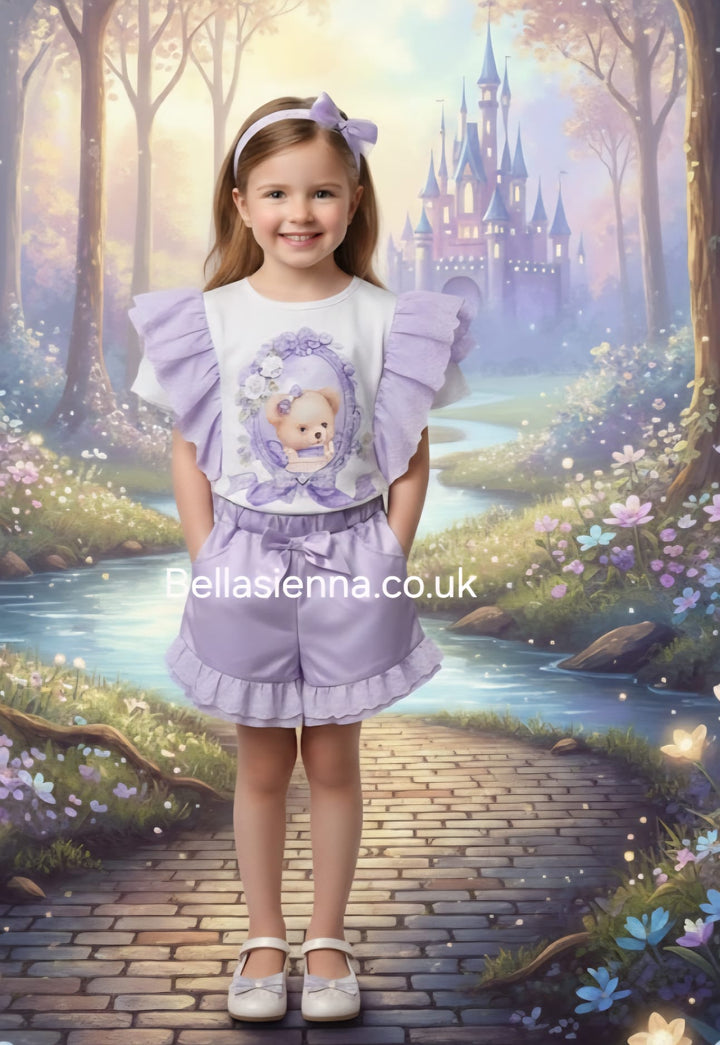 Diamond Stone Girls Lilac & White "Teddy In The Mirror" Shorts Set With Matching Headband YG-37