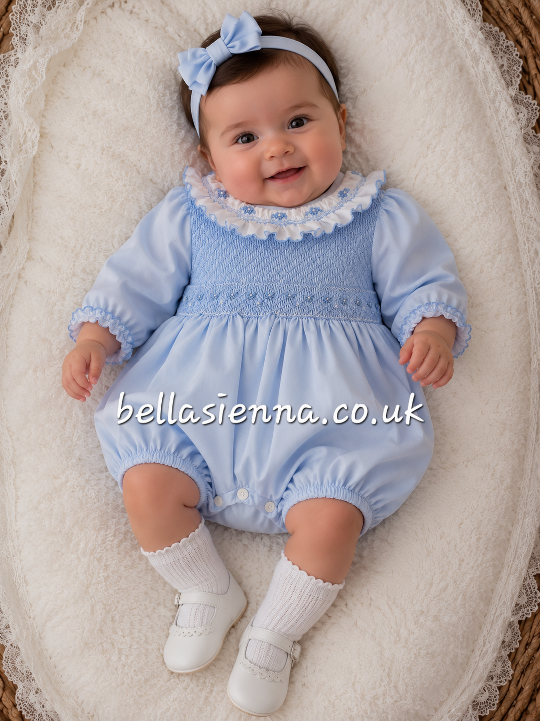 Sarah Louise Girl Hand Smocked & Embroidered Blue Romper - 013925