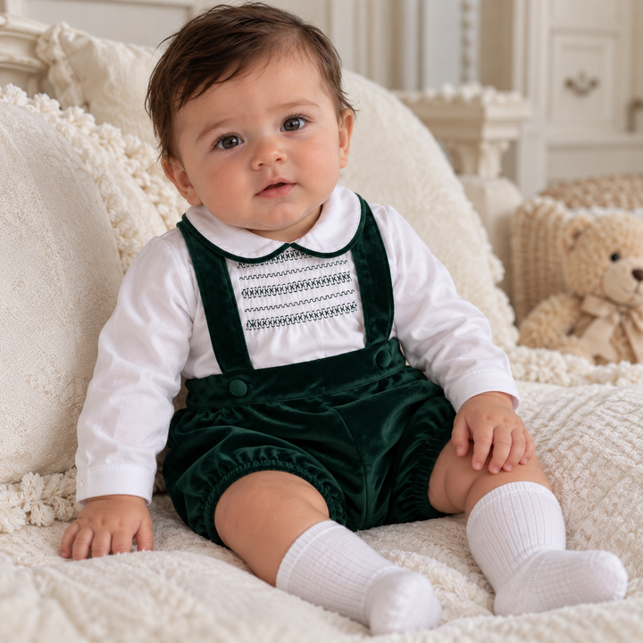 Deolinda Boys Bottle Green Velvet Smocked Two Piece Set - DBI26632 - "Jolly"