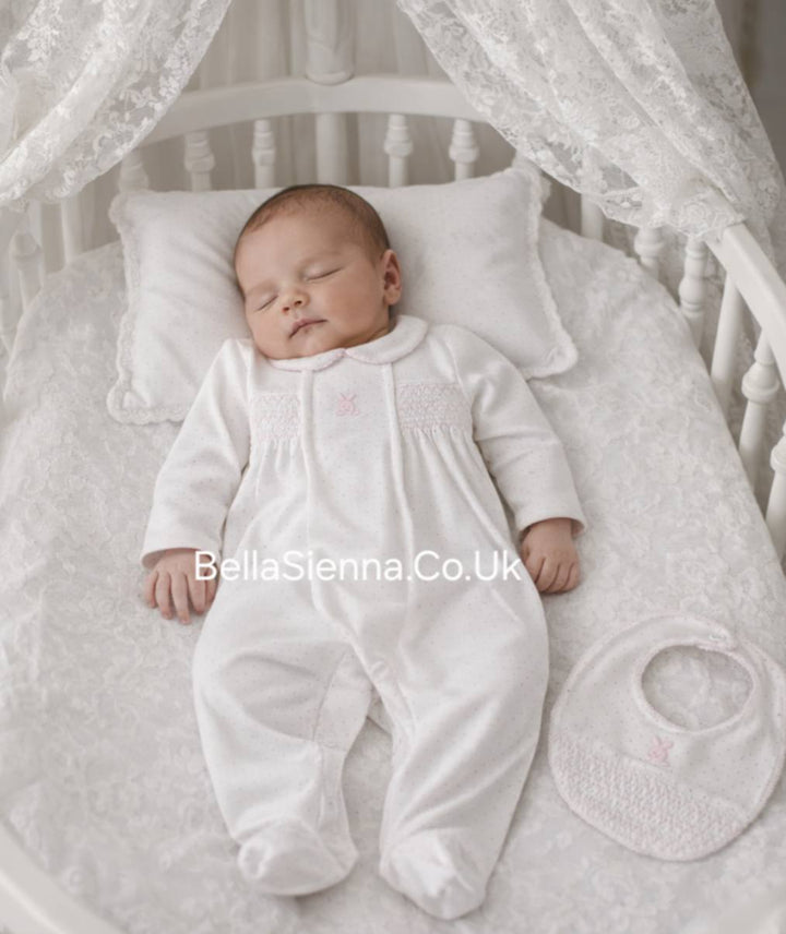 Deolinda "CONFETTI" Baby Girls Smocked Babygrow & Matching Bib With Embroidered Bunny Rabbit - DBV26102