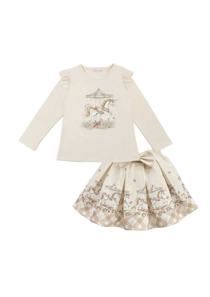 Giorgio Bambini Girls Ivory & Beige "Carousel" Long Sleeved Top & Skirt Set - YG-17