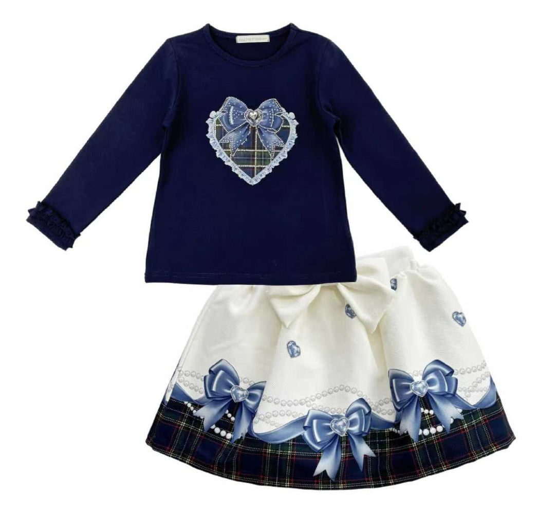 Navy Sparkle "Tartan Heart" Skirt & Top Set - YG-21
