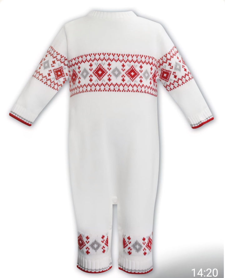 Sarah Louise Boys All In One Knitted Romper - Ivory/Red/Grey - 008220