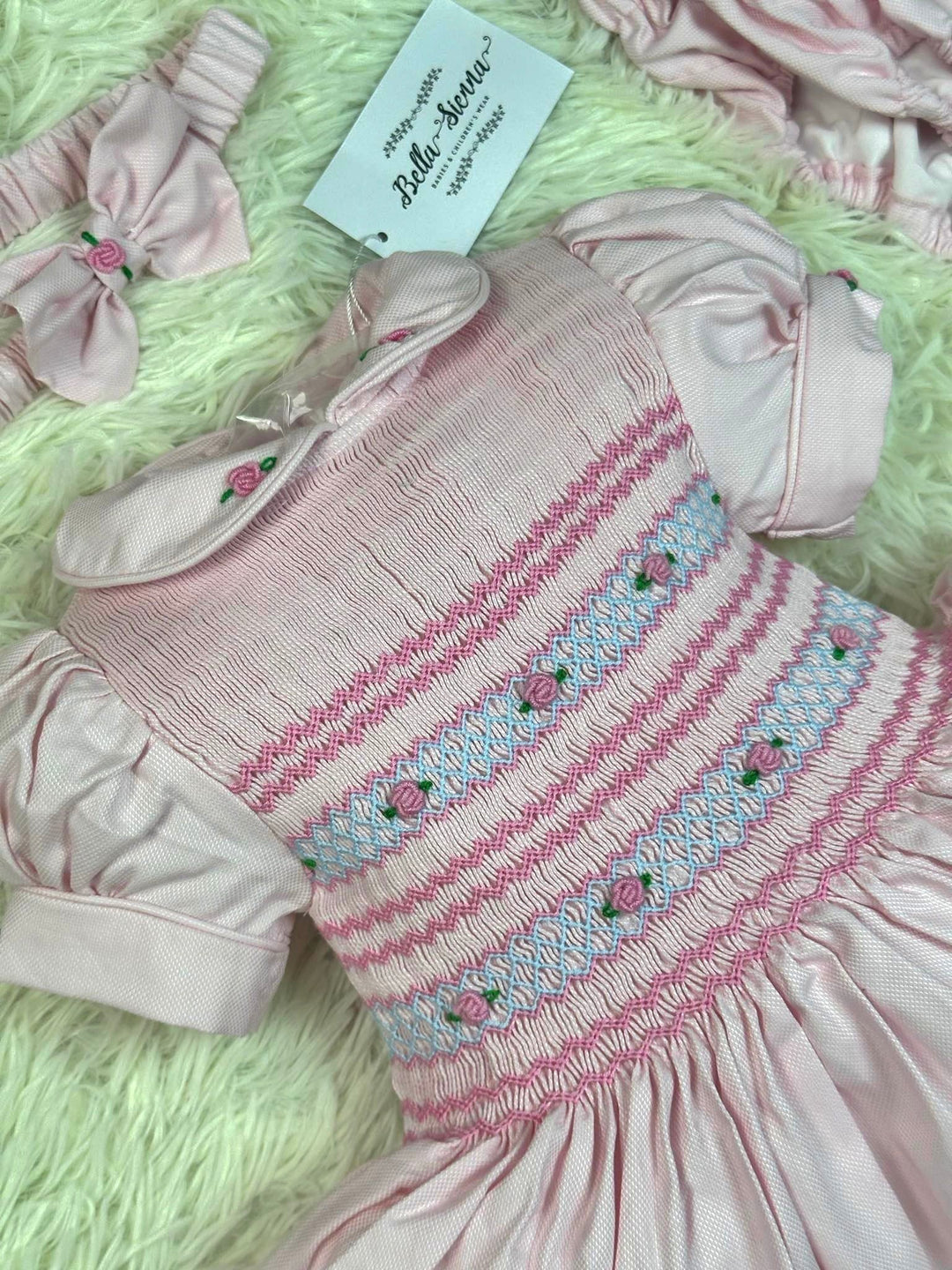 Luxury "Bella Sienna Exclusive" Pink Front & Back Smocked Dress With Built In Underskirt & Matching Hair Band Or Clip & Pants