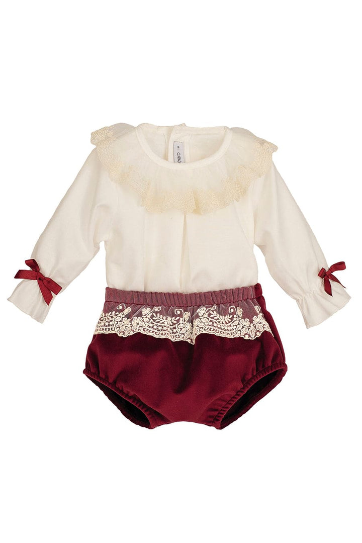 Calamaro Baby Girls Three Piece Burgundy Velvet Jam Pants & Bonnet - 11247 - 75140