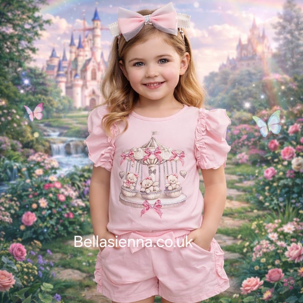 Diamond Stone Girls Pink "Teddy Carousel" Shorts Set With Matching Headband YG-38