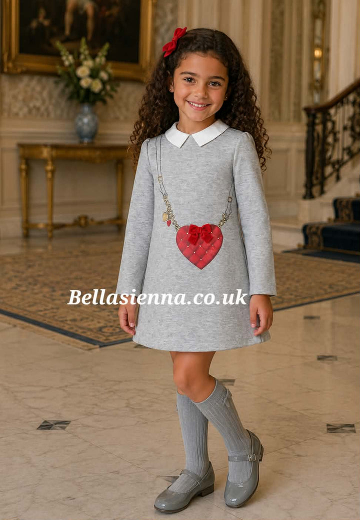PRE-ORDER - Miranda Girls Grey & Red "Heart" Dress - 0253-V