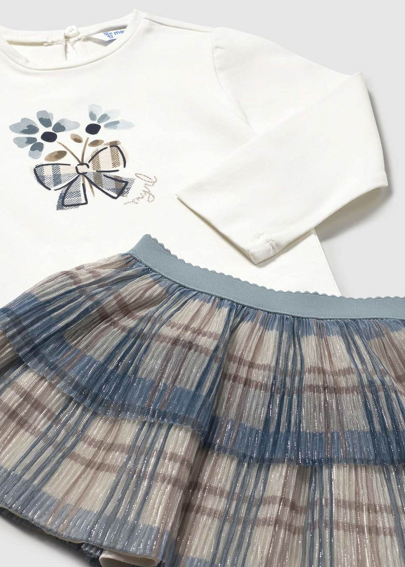 Mayoral Girls Three Piece Set - Skirt, Long Sleeved Top & Cardigan - 2922 - Blue bell