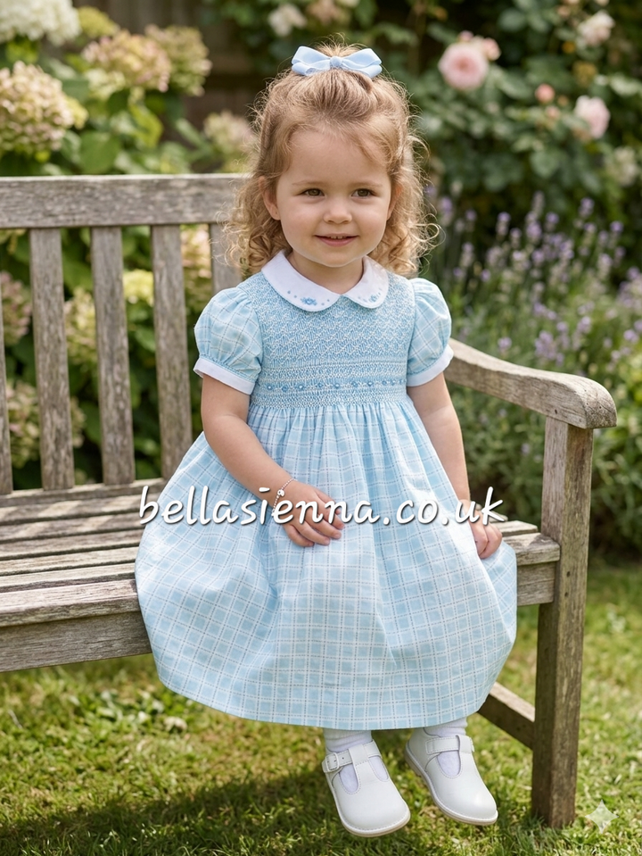 Sarah Louise Turquoise Check Hand Smocked Dress - 013860