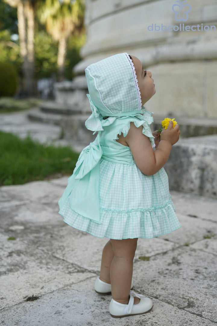 Dbb Collection Baby Girls Mint Gingham Dress, Pants & Bonnet Set With Big Bow - 27601