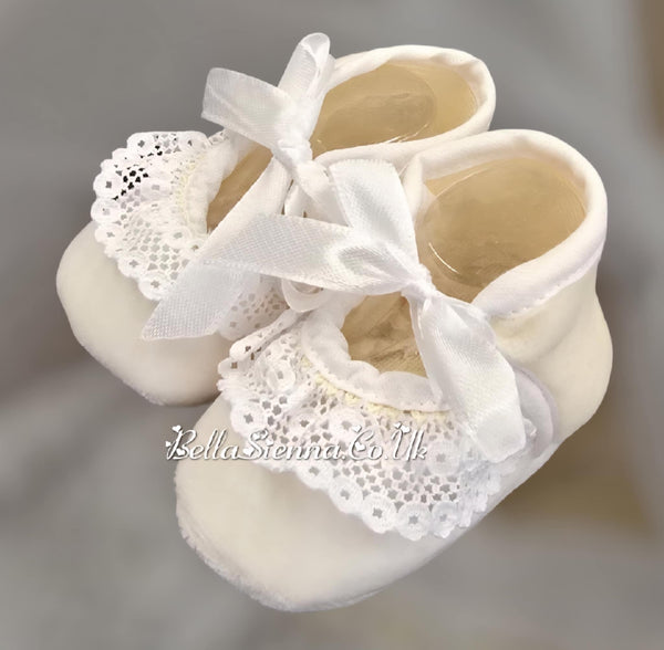 Bella Sienna Ivory Velour Baby Shoes With White Lace Trim - 55