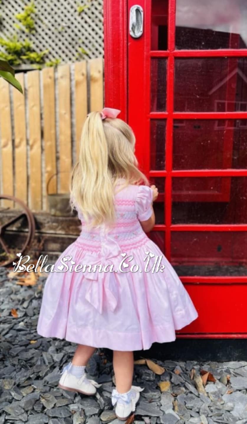 Luxury "Bella Sienna Exclusive" Pink Front & Back Smocked Dress With Built In Underskirt & Matching Hair Band Or Clip & Pants