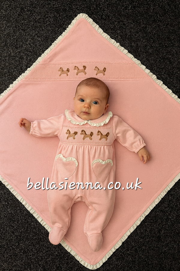 Bella Sienna Exclusive All In One Pink Smocked Babygrow With Embroidered Rocking Horses & Matching Blanket