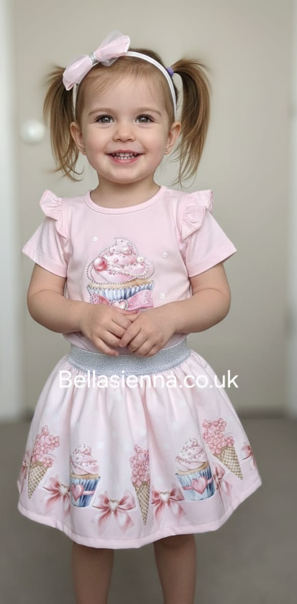 Diamond Stone Girls Pink "Cupcake" Skirt Set With Matching Headband - YG-36