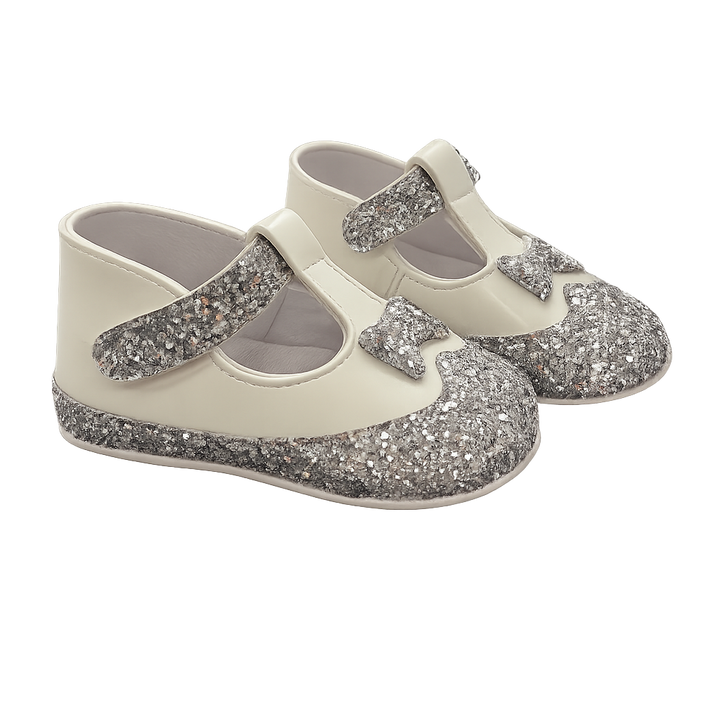 Pretty Originals White Patent & Silver Glitter Leather Pram Shoes - UE03301