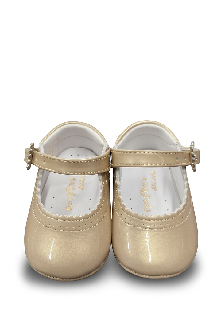 Pretty Originals Girls Taupe / Gold Metallic Patent Leather Pram Shoes With Diamante Buckle - UE02191A (Copy)