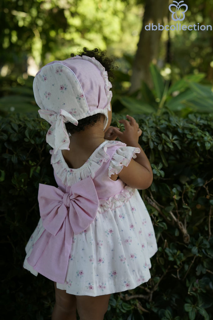 Dbb Collection Baby Girls Pink & White Floral Dress, Pants & Bonnet Set With Big Bow - 27101