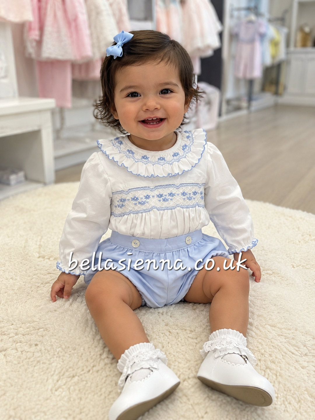 Sarah Louise White & Blue Hand Smocked Two Piece Girls Outfit - 013927