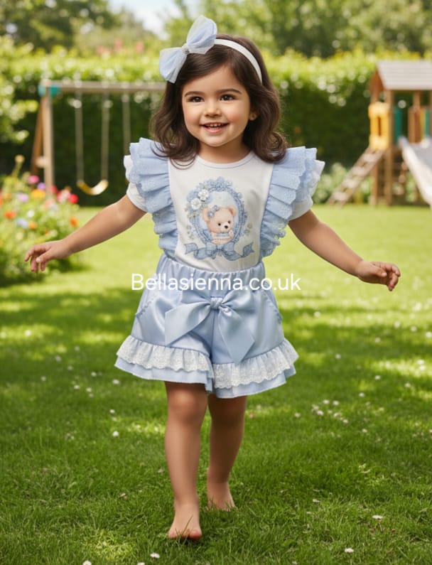 Diamond Stone Girls Blue & White "Teddy In The Mirror" Shorts Set With Matching Headband YG-37