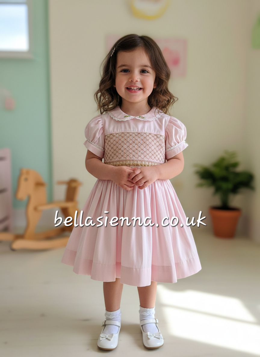 Luxury "Bella Sienna Exclusive" Pink & Beige Front & Back Smocked Dress With Built In Underskirt & Matching Hair Band Or Clip & Pants