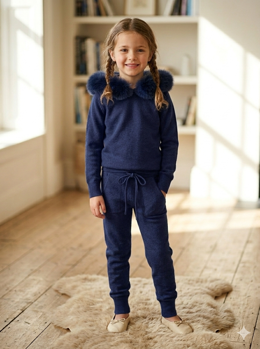 Navy Blue Faux Fur Hood Co-ord Lounge Set - 3002