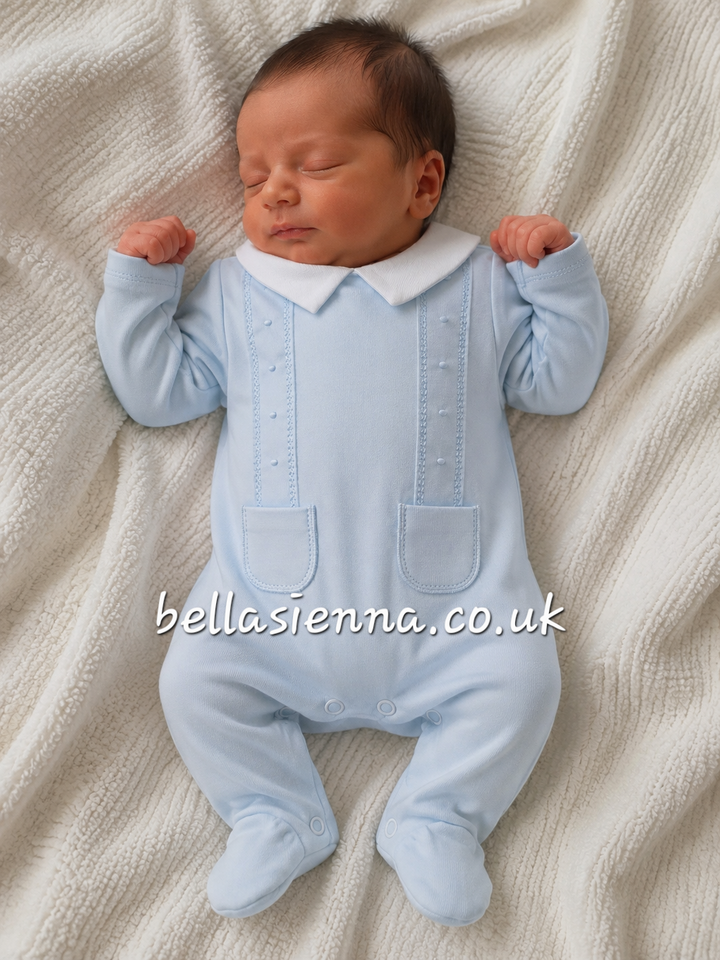 Boys Blue & White  100% Cotton All In One Babygrow - Sleepsuit - SG205