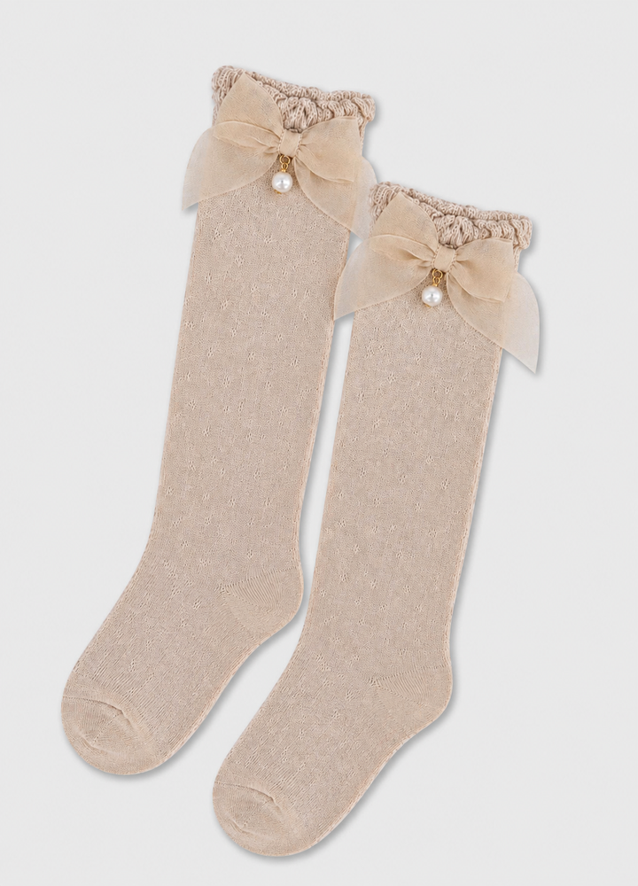 Knee High Bow Socks - 72- Seed - Beige - 10290