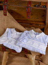 Deolinda "MAGIC" Baby Boys White & Blue Velour Smocked Blanket With Embroidered Hot Air Balloons - DBI25M03