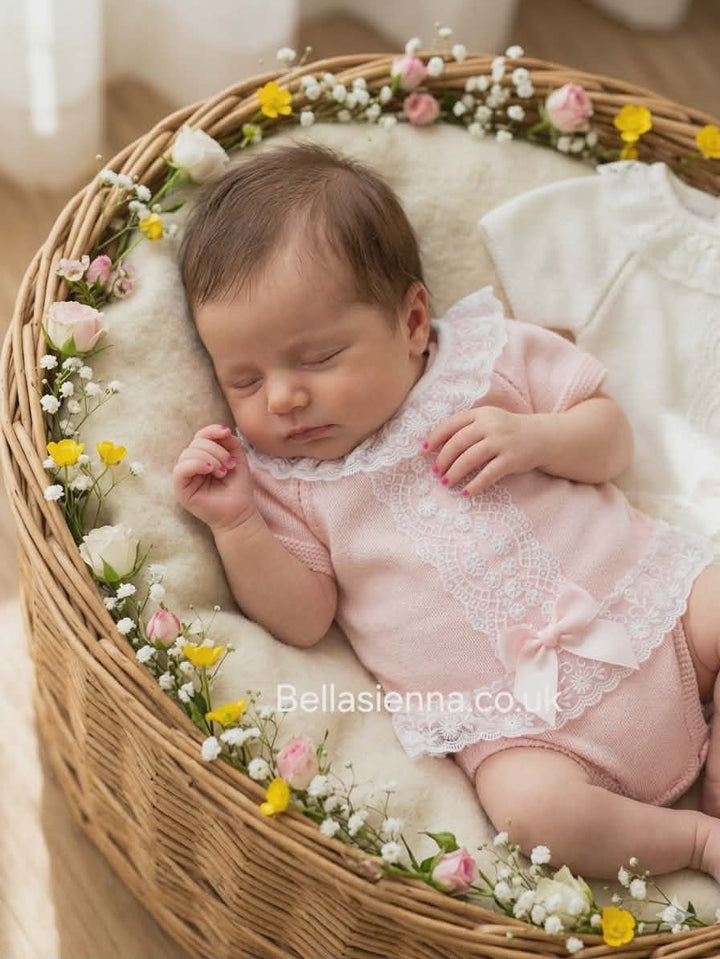 Pink Knitted Jam Pants Set With Lace Trim - C8127