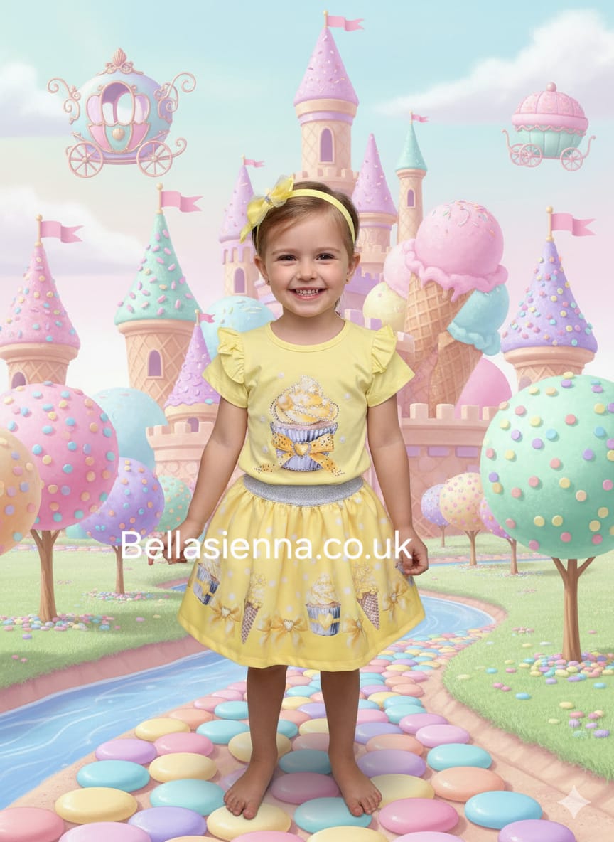 Diamond Stone Girls Yellow/Lemon "Cupcake" Skirt Set With Matching Headband - YG-36
