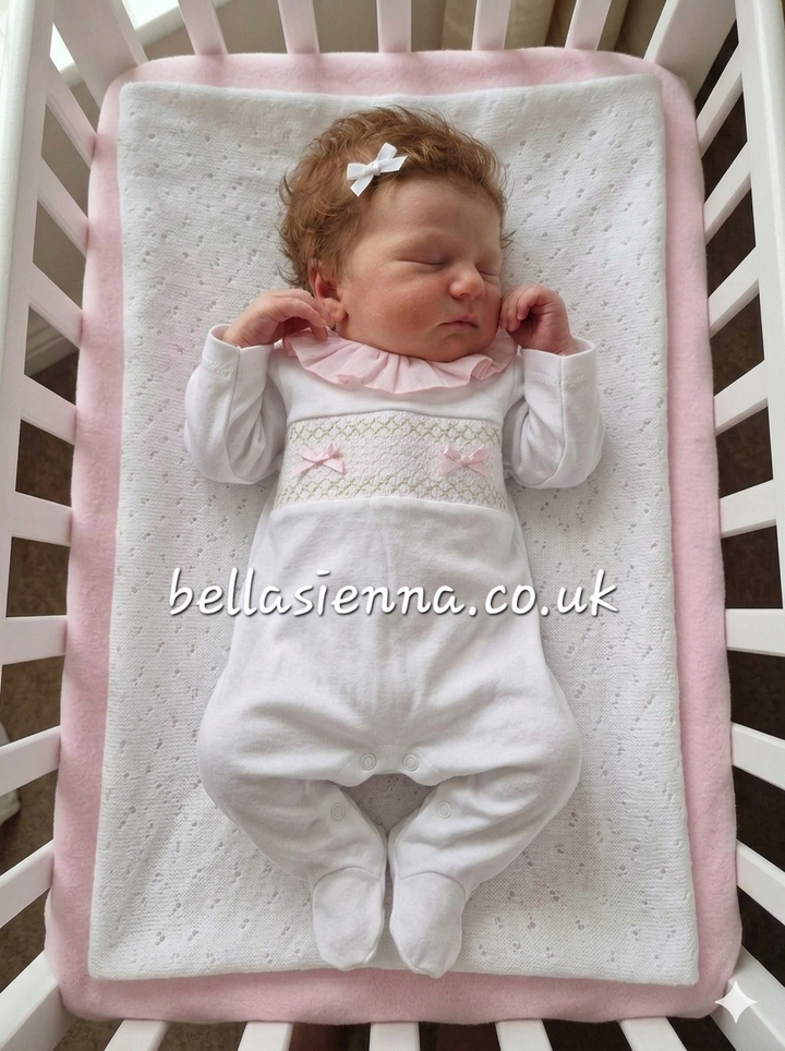 Baby Girls White & Pink Smocked All In One Babygrow With Bows - SG66