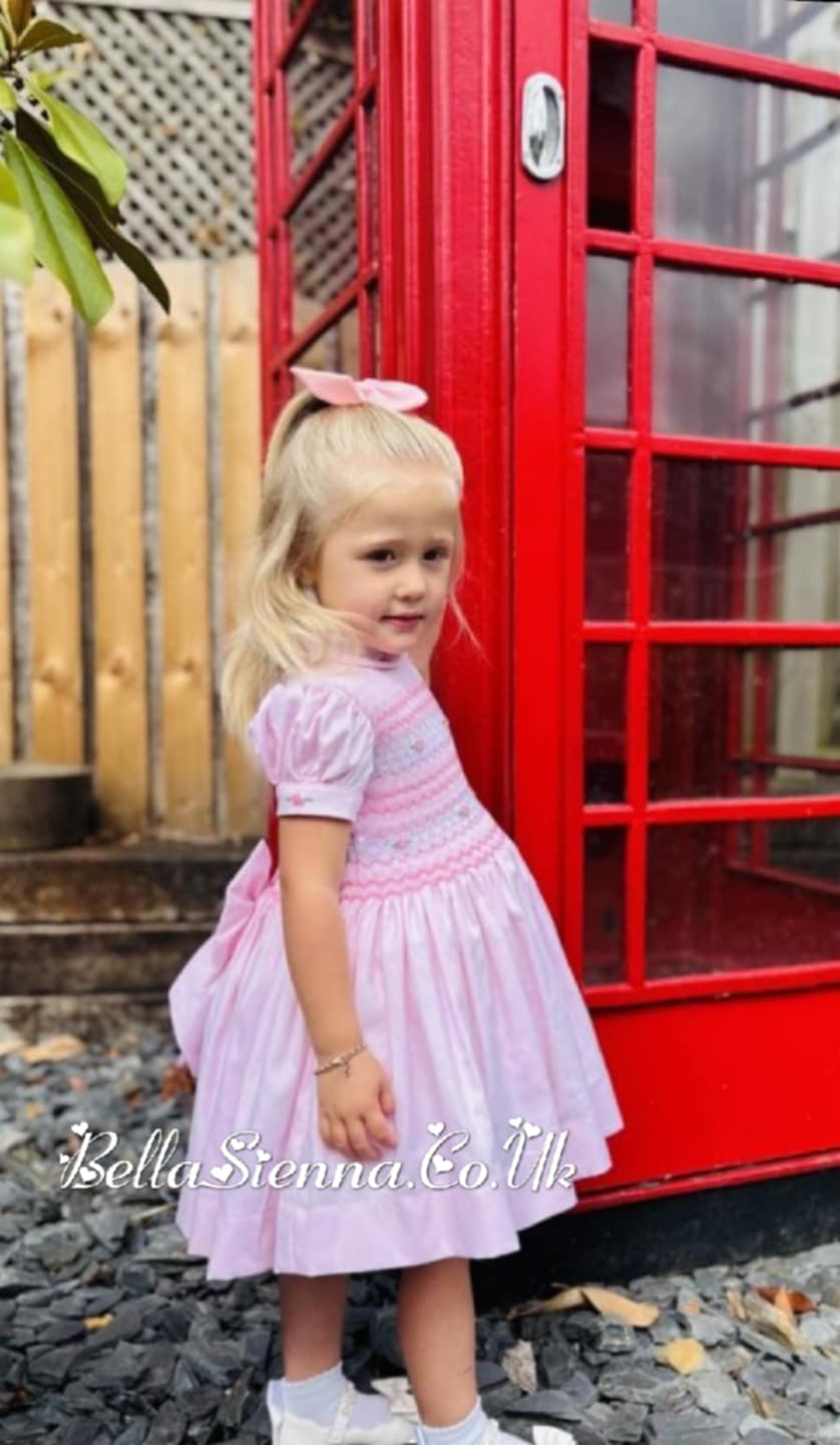 Luxury "Bella Sienna Exclusive" Pink Front & Back Smocked Dress With Built In Underskirt & Matching Hair Band Or Clip & Pants