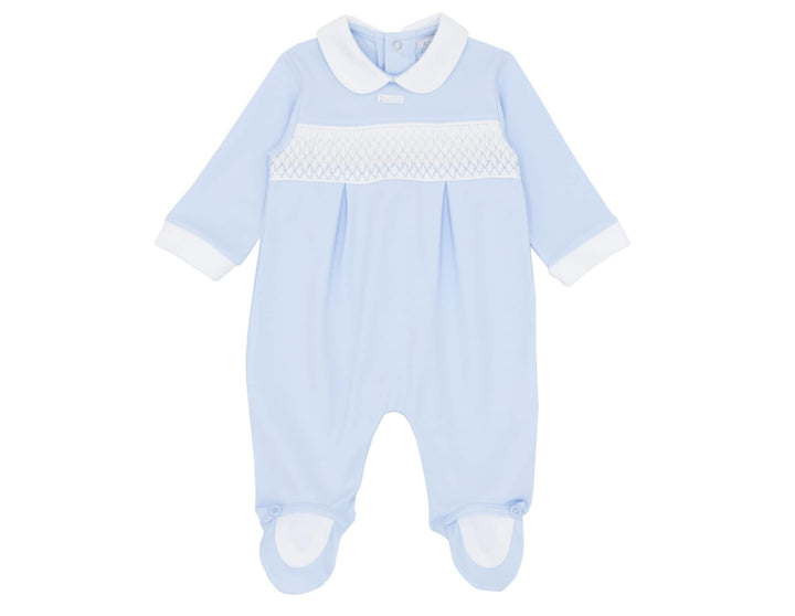 Boys Blue & White Smocked All In One Babygrow Sleepsuit - AM0024