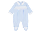 Boys Blue & White Smocked All In One Babygrow Sleepsuit - AM0024