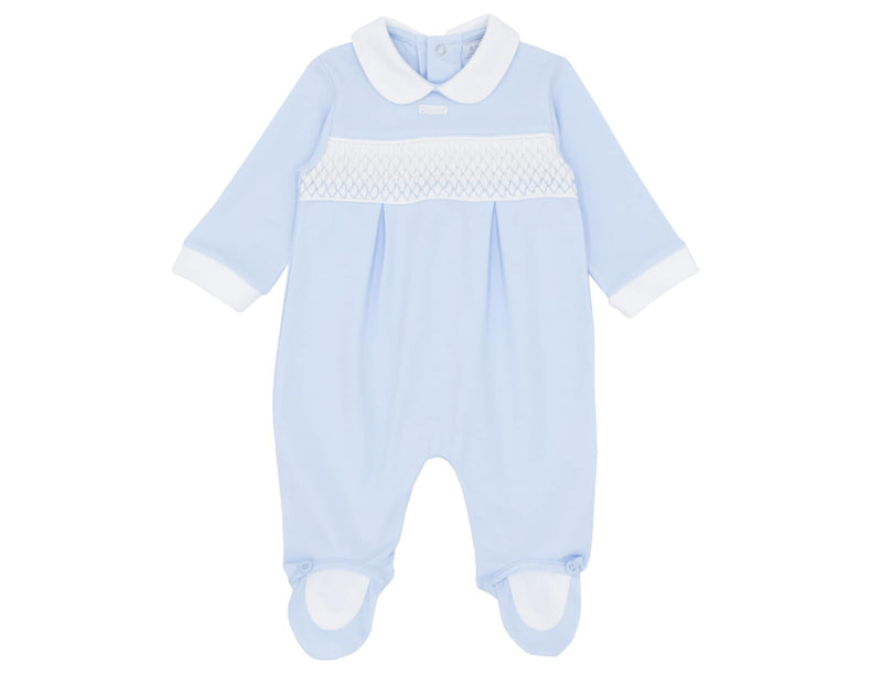 Boys Blue & White Smocked All In One Babygrow Sleepsuit - AM0024