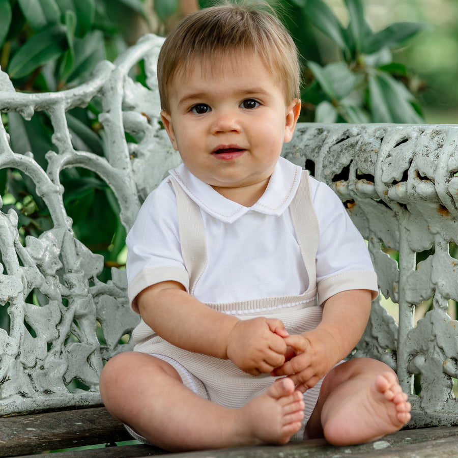 Emile et Rose Boys Beige Knitted Mock Braces Romper - Lowe