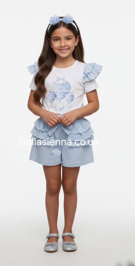 Diamond Stone Girls Blue & White "Hot Air Balloon" Shorts Set With Matching Headband YG-40