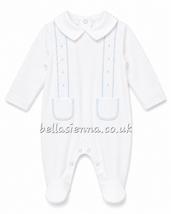 Boys White & Blue 100% Cotton All In One Babygrow - Sleepsuit - SG205