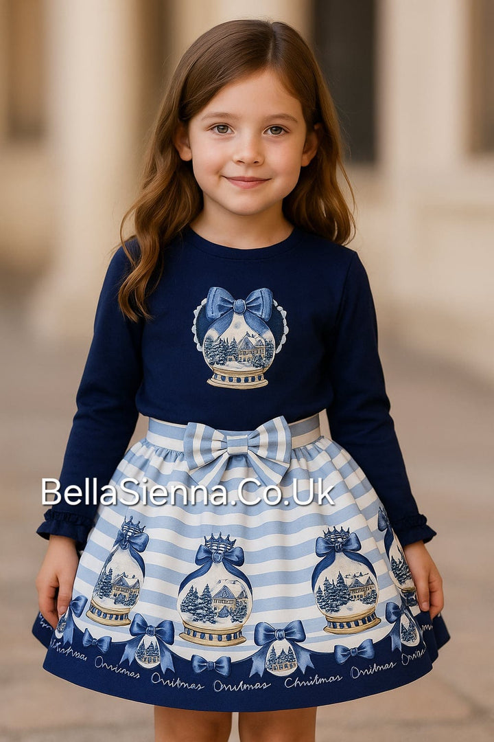 Navy Sparkle "Snow Globe" Christmas Theme Skirt & Top Set - YG-23