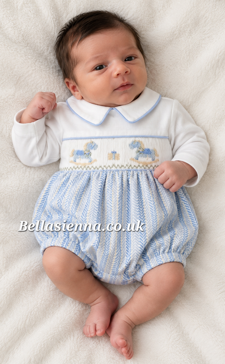 Pretty Originals Boys Pale Blue Herringbone Hand Smocked Romper With Embroidered Rocking Horses - DL62413