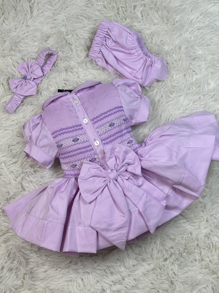 Luxury "Bella Sienna Exclusive" Lilac Front & Back Smocked Dress With Built In Underskirt & Matching Hair Band Or Clip & Pants