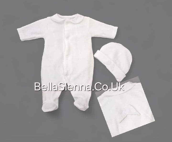 Unisex White Velour Angel Wings All In One Babygrow With Matching Hat - SG137-V