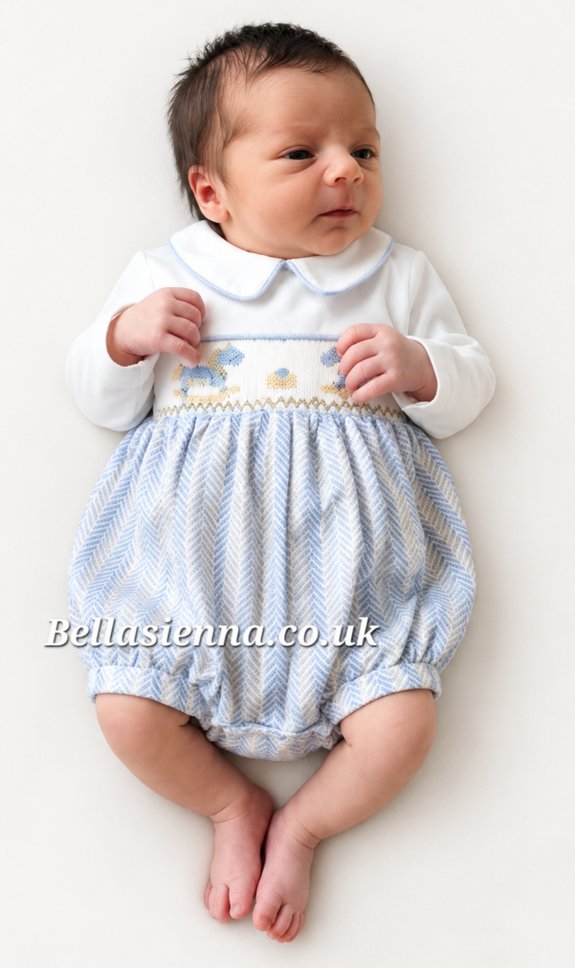 Pretty Originals Boys Pale Blue Herringbone Hand Smocked Romper With Embroidered Rocking Horses - DL62413