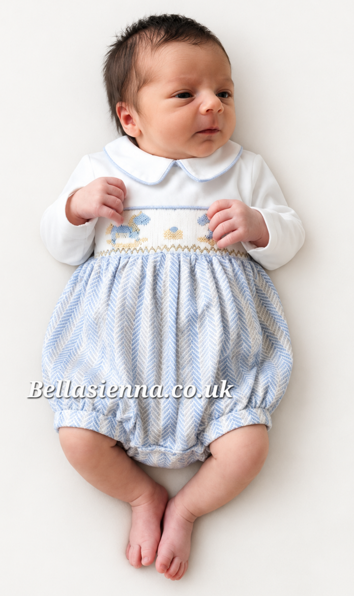 Pretty Originals Boys Pale Blue Herringbone Hand Smocked Romper With Embroidered Rocking Horses - DL62413