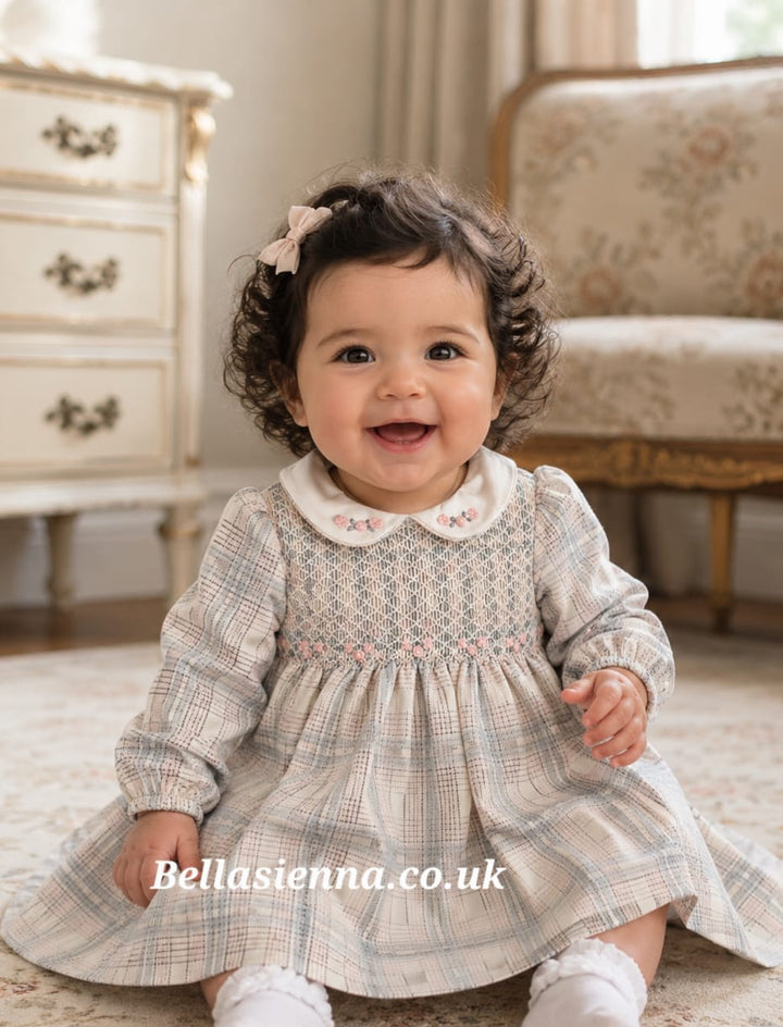Sarah Louise Pink & Grey Check Hand Smocked Winter Dress - 013952