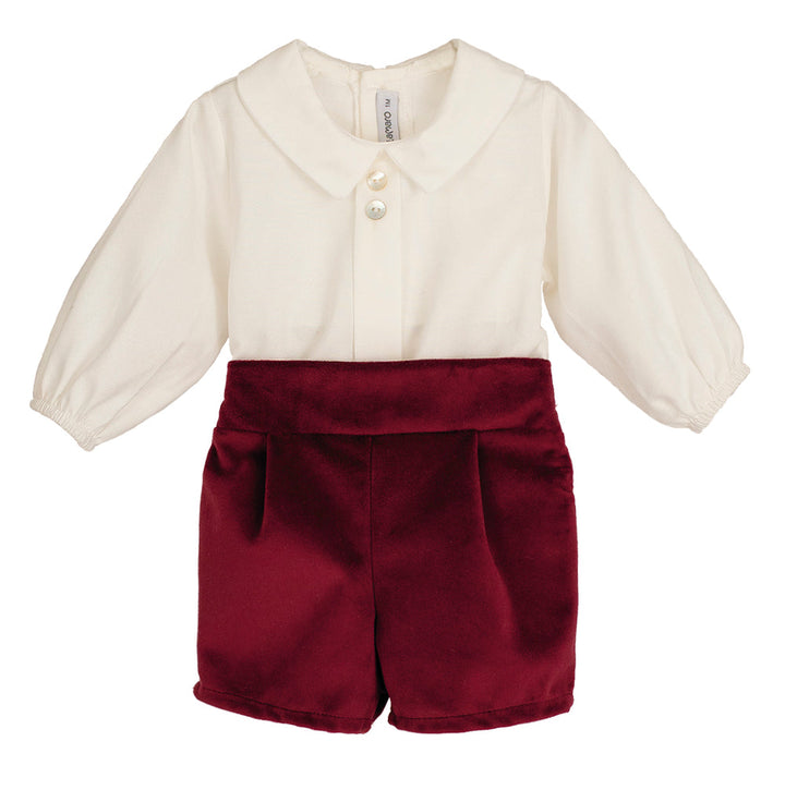 Calamaro Boys Burgundy Velvet Shorts & Shirt Set - 11248