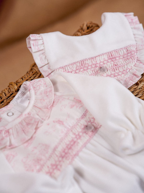 Deolinda Baby Girls White & Pink Velour Smocked Babygrow - DBI25121