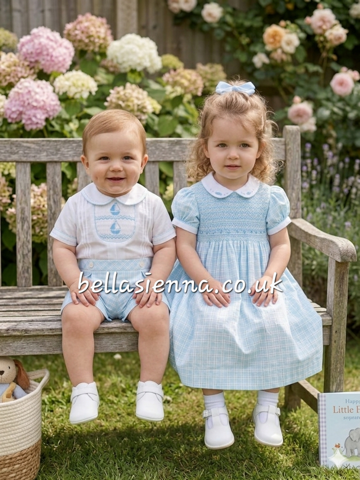 Sarah Louise Boys Turquoise Check Sailor Hand Smocked Two Piece Outfit - 013857